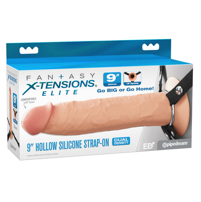 The image shows a box for "Fantasy X-Tensions Elite Hollow 9 Inch Silicone Dildo & Strap-On Harness - Vanilla," featuring a realistic design, dual-density silicone, soft head, and the bold slogan "Go BIG or Go Home!.