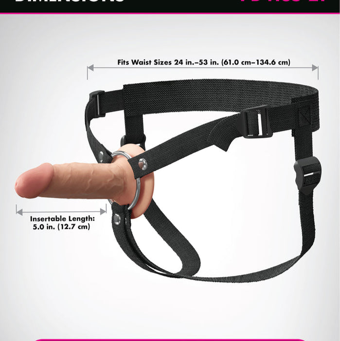 The Fantasy X-Tensions Elite Hollow 5 Inch Silicone Dildo & Strap-On Harness – Vanilla features a black adjustable harness (waist sizes 24–53 in) with a 5 in/12.7 cm realistic dual-density dildo, shown against a light background.