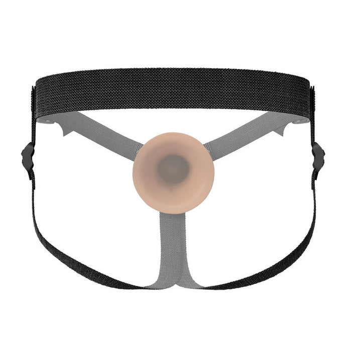 The Fantasy X-Tensions Elite Hollow 5 Inch Silicone Dildo & Strap-On Harness in Chocolate features a black adjustable harness with a beige, dual-density silicone center disc—ideal for strap-on play.