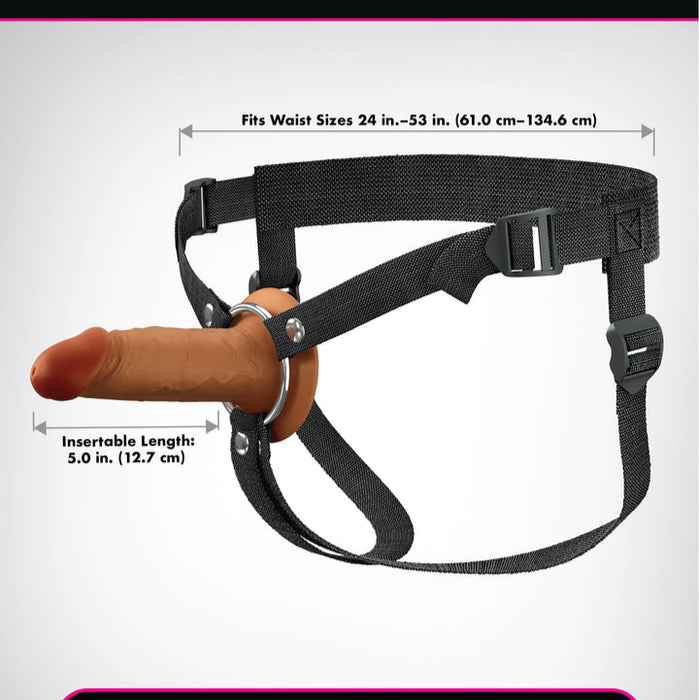 The Fantasy X-Tensions Elite Hollow 5 Inch Silicone Dildo & Strap-On Harness - Chocolate features an adjustable black harness (24–53" waist) with a realistic, dual-density chocolate silicone dildo (5" insertable), perfect for strap-on play.