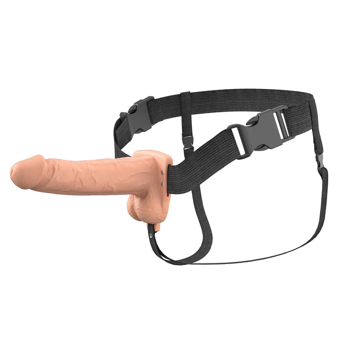 The Fantasy X-Tensions Elite Vibrating Hollow 7 Inch Silicone Dildo & Strap-On Harness in Vanilla features a realistic flesh-toned, hollow silicone dildo with an adjustable black harness and secure plastic buckles.