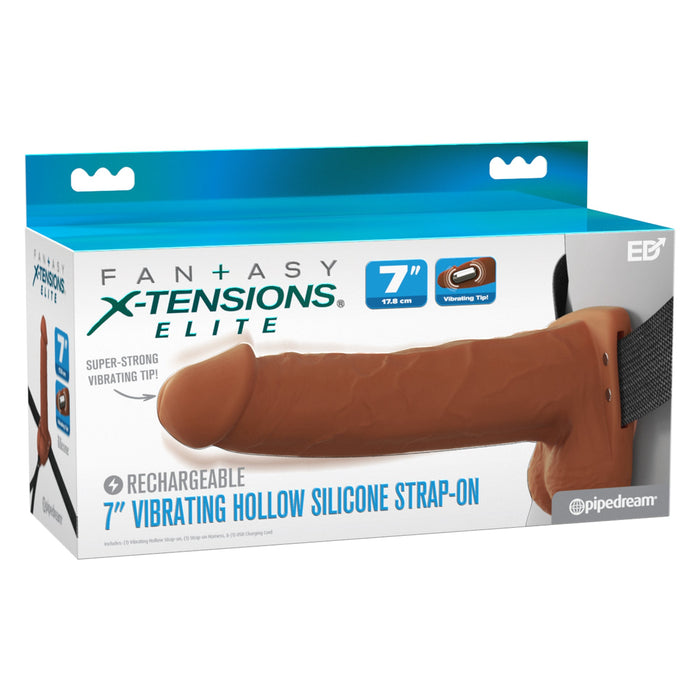 The Fantasy X-Tensions Elite Vibrating Hollow 7 Inch Silicone Dildo & Strap-On Harness - Chocolate features a rechargeable 7" vibrating dildo with an adjustable harness, shown on the box by Pipedream.