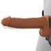 A large toy: the Fantasy X-Tensions Elite Vibrating Hollow 7 Inch Silicone Dildo & Strap-On Harness in Chocolate.