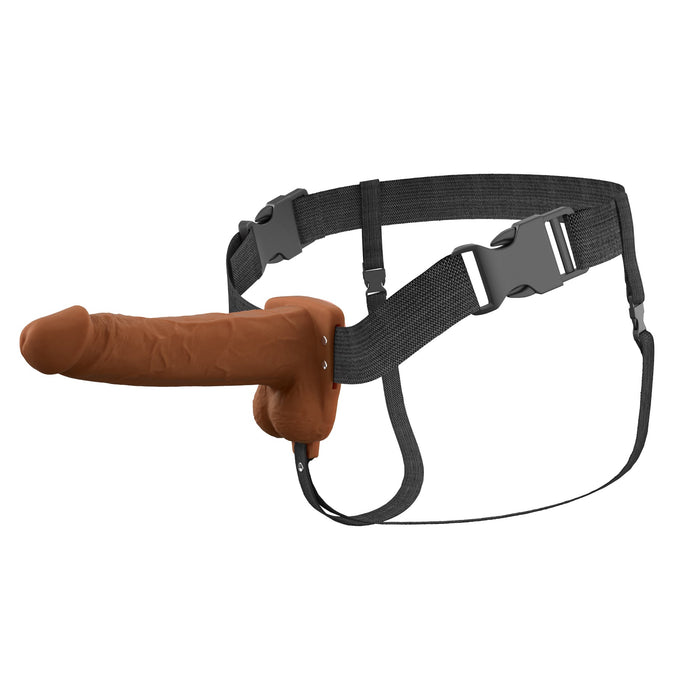 The Fantasy X-Tensions Elite Vibrating Hollow 7 Inch Silicone Dildo & Strap-On Harness - Chocolate features a realistic brown hollow dildo and an adjustable black harness with secure buckles and straps for waist and hips.