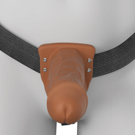 A person wearing the Fantasy X-Tensions Elite Vibrating Hollow 7 Inch Silicone Dildo & Strap-On Harness in Chocolate.