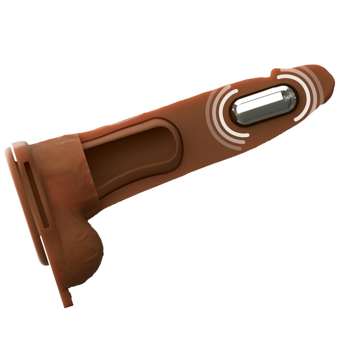 The Fantasy X-Tensions Elite Vibrating Hollow 7 Inch Silicone Dildo & Strap-On Harness - Chocolate is shown cross-sectioned, revealing its internal vibrating sleeve and curved cutouts. White lines highlight movement for enhanced stimulation.