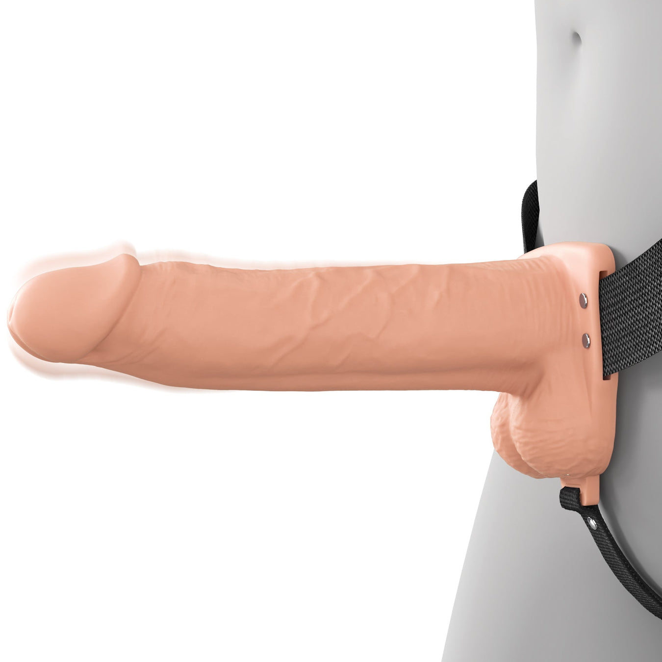 A person wearing the Fantasy X-Tensions Elite Vibrating Hollow 8 Inch Silicone Dildo & Strap-On Harness - Vanilla around their waist.