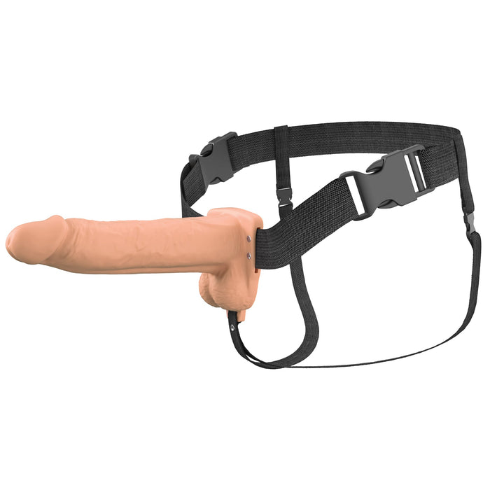 The Fantasy X-Tensions Elite Vibrating Hollow 8 Inch Silicone Dildo & Strap-On Harness in Vanilla features lifelike silicone and an adjustable harness for realistic, wearable pleasure.