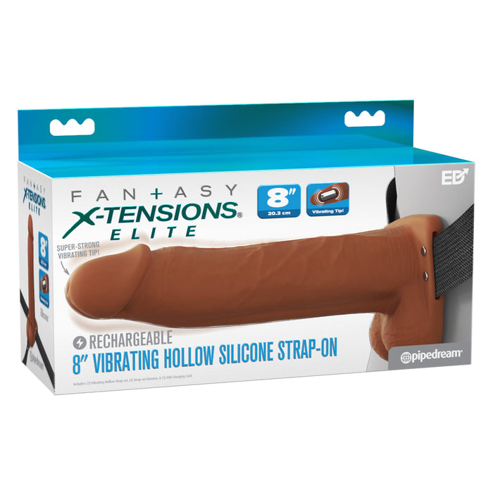 A retail box for the Fantasy X-Tensions Elite Vibrating Hollow 8 Inch Silicone Dildo & Strap-On Harness - Chocolate, featuring a realistic sleeve, product image, features, and blue and white branding.