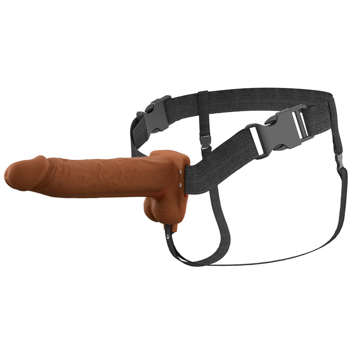 The Fantasy X-Tensions Elite Vibrating Hollow 8 Inch Silicone Dildo & Strap-On Harness - Chocolate is a realistic brown strap-on with an adjustable black harness and plastic buckles.