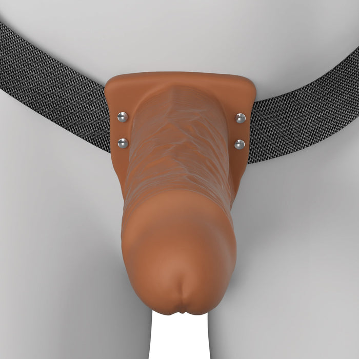 A 3D-rendered image shows a person’s midsection wearing the Fantasy X-Tensions Elite Vibrating Hollow 8 Inch Silicone Dildo & Strap-On Harness in Chocolate, featuring a realistic, brown, vibrating silicone design resembling a penis.