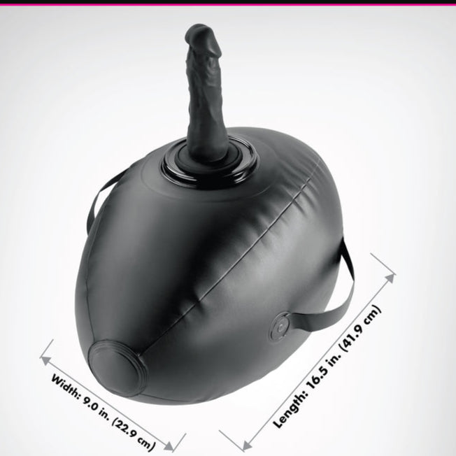 The Inflatable Love Ball Ride on Sex Cushion with Dildo Mount features a black inflatable cushion with side handles and a suction-cup dildo attached to the top, measuring 16.5" long by 9" wide for versatile play.
