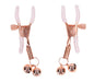 The Peaches 'n Cream Pearl Nipple Clamps with Bells are gold-colored, adjustable clamps with white silicone tips and small gold jingle bells, shown on a white background.