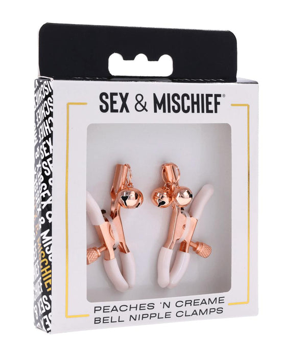 A "Sex & Mischief" package displays Peaches 'n Cream Pearl Nipple Clamps with Bells—rose gold and white, adjustable, and visible through a clear front window.