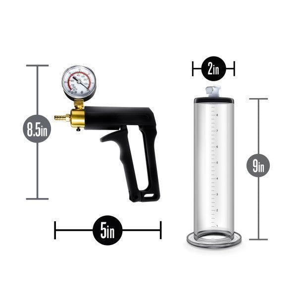 The Performance VX7 Vacuum Penis Pump by Blush, featuring a brass trigger and an attached pressure gauge, measures 8.5 inches in height and 5 inches in width. It is pictured next to a cylindrical vacuum chamber with a height of 9 inches and a diameter of 2 inches, which includes a graduated scale and a release valve at the top.