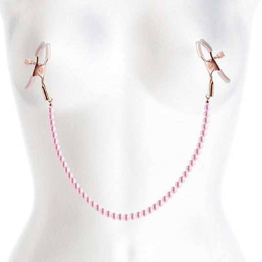 PInk Faux Pearl Chain Nipple Clamps on white manneuquin 
