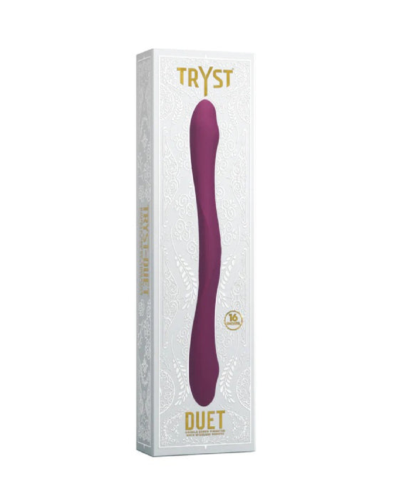 Tryst Duet Double Ended Vibrator with Remote - Packaging, white box gold lettering at the top says TRYST and product image displayed below