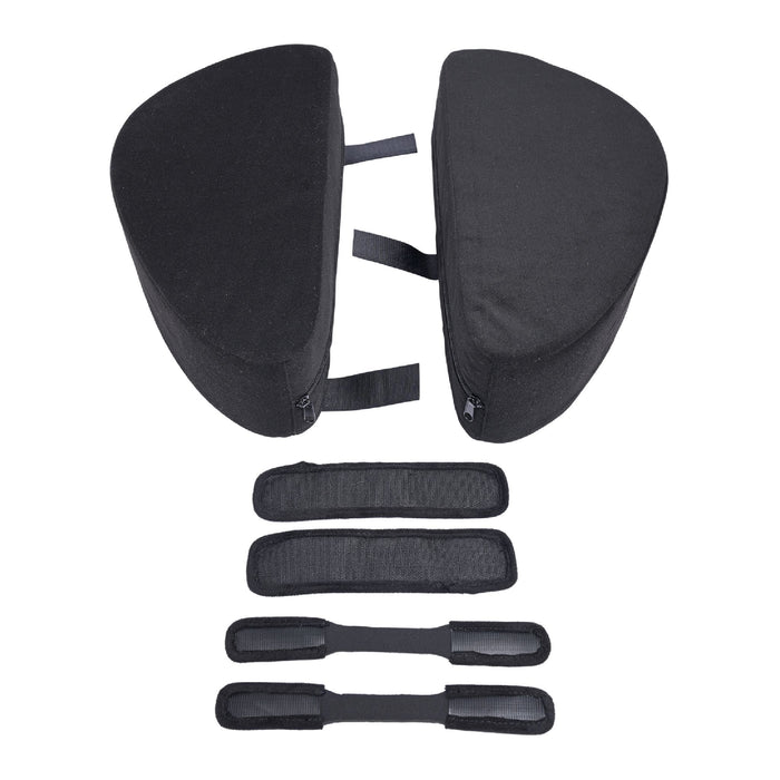 Two black triangular cushions from the Sportsheets Pivot Convertible Sex Toy Mount & Cushion set, featuring zippers and hook-and-loop straps. Below them lie three rectangular hook-and-loop straps of varying lengths, along with two additional connecting straps at the bottom. The items are displayed on a white background.