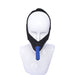 A white mannequin head is shown wearing the Pivot Face Sitting Strap On Harness by Sportsheets, featuring a black strap with a blue attachment extending from the chin area. The harness is designed to wrap under the chin, around the head, and over the top of the head for a secure fit.