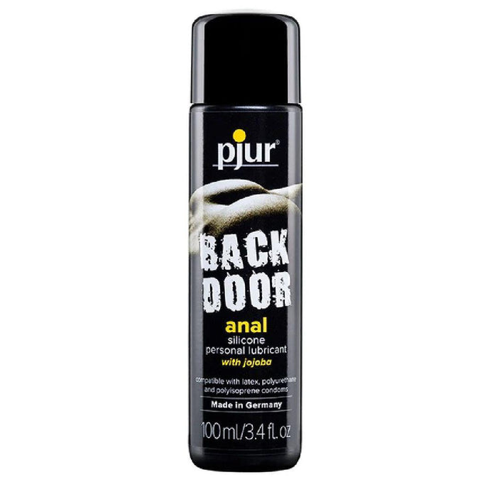 The chic black bottle of Pjur Backdoor Glide Silicone Anal Lube offers premium silicone lubricant with jojoba. At 100ml/3.4 fl.oz, it's safe for use with latex, polyurethane, and polyisoprene condoms, ensuring smooth experiences. Made in Germany for trusted quality.