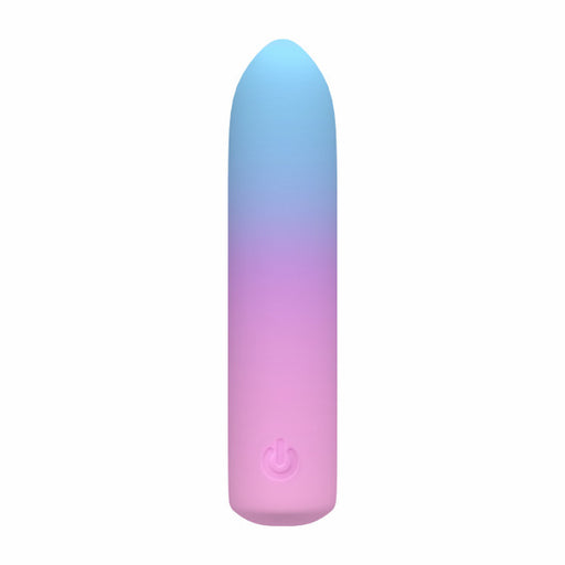 The Play With Me Berry Burst Soft Flexible Bullet Vibrator is a small, cylindrical, body-safe silicone bullet with a blue-to-pink gradient and a power button near the base.