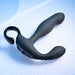 The Playboy Come Hither Motion Vibrating Prostate Massager by Evolved Novelties, a sleek black device featuring a curved hook for easy handling and 10 vibration speeds, rests on a textured light blue surface.