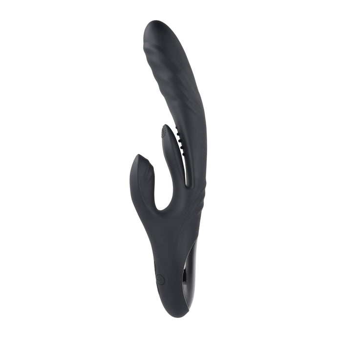 The Playboy Rapid Rabbit Thrusting Vibrator with Flapping Shaft, in sleek black silicone, offers dual motors for internal and external pleasure. Its smooth, curved design includes a flexible arm for clitoral stimulation and features a waterproof matte texture with subtle waves for adventurous play.