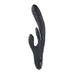 The Playboy Rapid Rabbit Thrusting Vibrator with Flapping Shaft, in sleek black silicone, offers dual motors for internal and external pleasure. Its smooth, curved design includes a flexible arm for clitoral stimulation and features a waterproof matte texture with subtle waves for adventurous play.