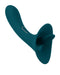 The Playboy True Indulgence Dual Ended Flicking Tongue Vibrator by Evolved Novelties is a dark green, waterproof silicone sex toy with a curved shaft and additional external stimulator. Its base boasts a broad, flared section for safety and stability. This premium vibrator also features an adjustable settings button.