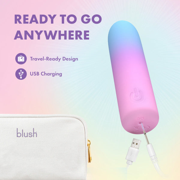 The Play With Me Berry Burst Soft Flexible Bullet Vibrator, a pastel cylindrical bullet made from body-safe silicone, charges via USB beside a "blush" pouch. Text on a pastel rainbow reads: "READY TO GO ANYWHERE - Travel-Ready Design - USB Charging.