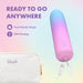The Play With Me Berry Burst Soft Flexible Bullet Vibrator, a pastel cylindrical bullet made from body-safe silicone, charges via USB beside a "blush" pouch. Text on a pastel rainbow reads: "READY TO GO ANYWHERE - Travel-Ready Design - USB Charging.
