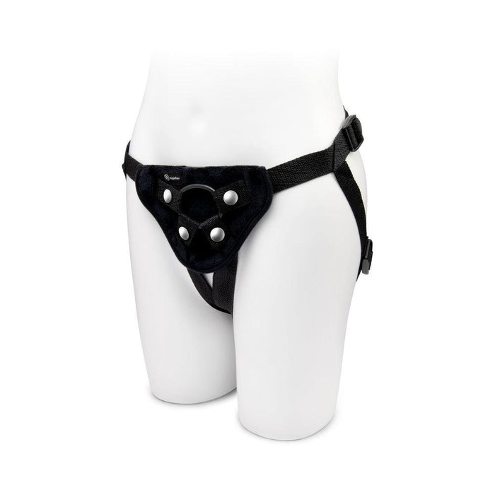 The Pop Strap On Dildo & Harness Set in pink silicone (5 inches) features adjustable black straps with metal rings, shown on a white mannequin torso—perfect for wearable adult use and pairing with your favorite toys.