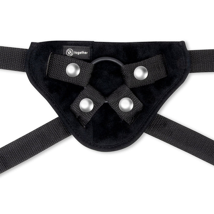 The Pop Strap on Dildo & Harness Set in Pink Silicone (5 inches) features adjustable straps, metal snaps, and a central O-ring for secure attachment and support—ideal for use with your favorite strap on dildo.