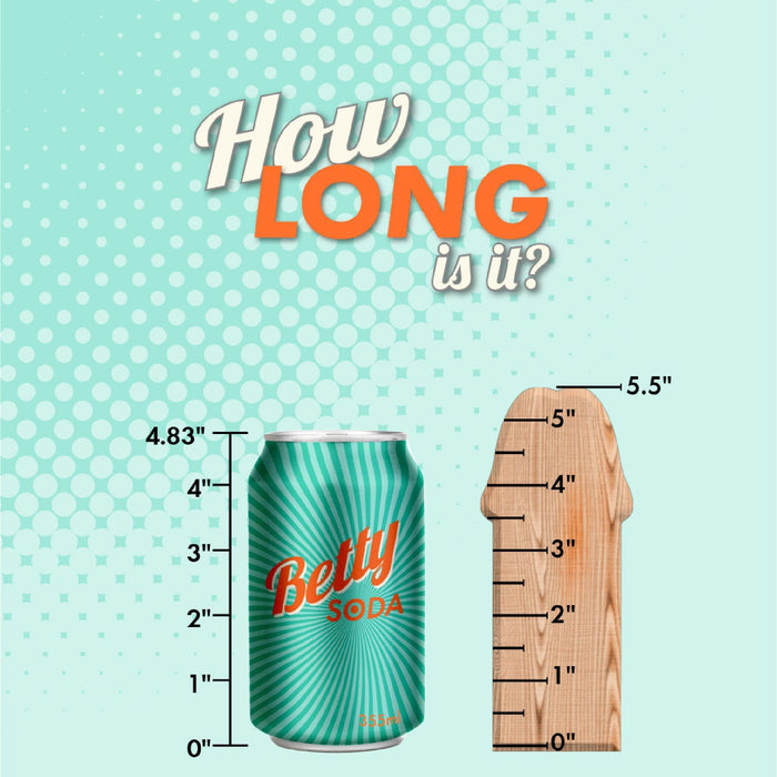A "Betty Soda" can (4.83" tall) stands next to a wooden stick, matching the size of the Pop Strap on Dildo & Harness Set in Pink Silicone—5 inches long. Text reads: "How long is it?.