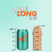A "Betty Soda" can (4.83" tall) stands next to a wooden stick, matching the size of the Pop Strap on Dildo & Harness Set in Pink Silicone—5 inches long. Text reads: "How long is it?.