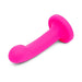 The Pop Strap on Dildo & Harness Set in Pink Silicone features a bright pink, 5-inch dildo with a flared base, curved shaft, and rounded tip—perfect for strap-on play or use with your favorite harness. Shown on a white background.