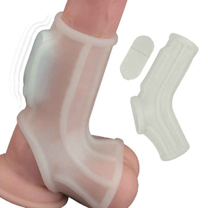 A close-up image features the Nasstoys Power Sleeve Sleek Fit Vibrating Penis Enhancer with Ball Strap - White. The sleeve is worn on an erect penis, covering part of the shaft and scrotum. Two additional pieces, likely the vibrator unit and an alternative sleeve for increased girth, are displayed to the side.