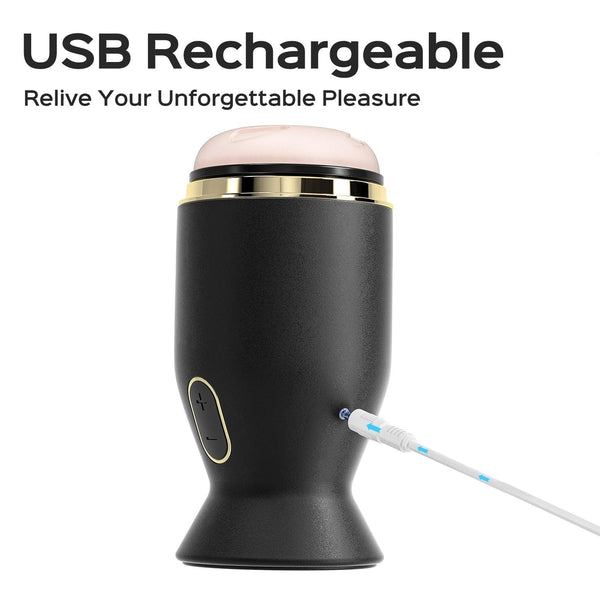 The Priti Automatic Rotating Penis Masturbator, a black cylindrical toy with a soft pink top, stands upright and is attached to a charging cable. Text above says “USB Rechargeable” and “Relive Your Unforgettable Pleasure”—ideal for stamina training.