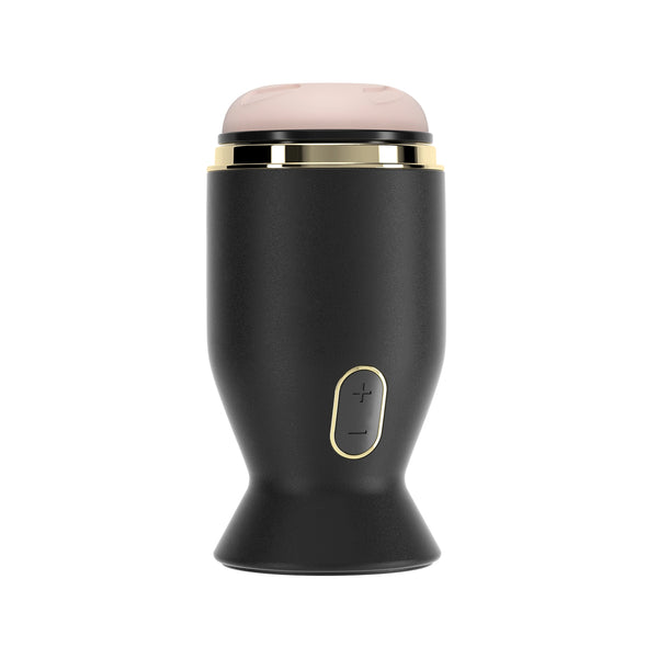 The Priti Automatic Rotating Penis Masturbator features a sleek black design with gold accents, a rounded light pink top, plus/minus buttons on the front, and a flared base for upright standing.