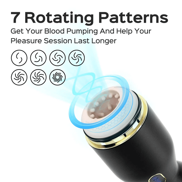 The black Priti Automatic Rotating Penis Masturbator features a circular head, emits blue waves, and offers 7 rotating patterns for enhanced pleasure and stamina training. Icons display all 7 rotation modes to help your sessions last longer.