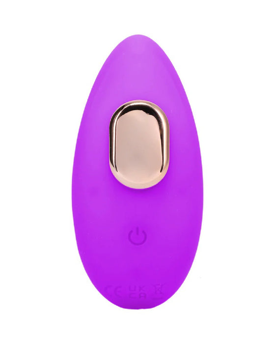 Panty Vibrator for Beginners in a Bag - Showcasing Power button on the back of the toy as well as small gold handle