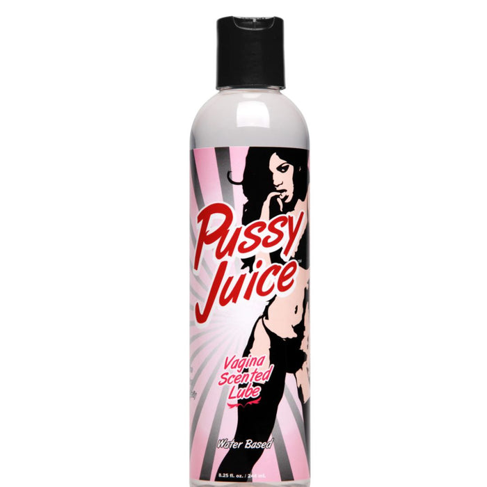 A bottle of lubricant with the label "Pussy Juice Realistic Vagina Scented Water Based Lube 8.25oz" and "XR Brands" in bold red and pink text. The bottle features an illustration of a woman and a black cap. This water-based, sex toy compatible product contains 8.25 fl. oz. (244 ml).
