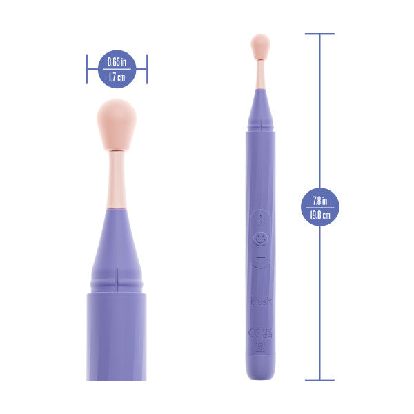 The Juno Precision Tip Oscillating Vibrator with 3 Attachment Heads is shown in purple, featuring a rounded light pink brush head that’s 0.65 inches (1.7 cm) wide and a discreet design measuring 7.81 inches (19.9 cm) long.