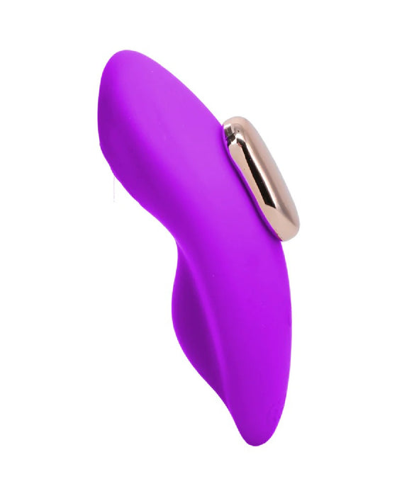 Panty Vibrator for Beginners in a Bag  side view- displays the curve that hugs your clit and the gold raised space to hold toy