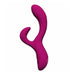 The Quinn Warming G-Spot Rabbit Vibrator, crafted from body-safe silicone in pink, features a curved design with dual ends—one arm larger than the other—displayed against a plain white background.