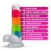 The Rainbow Rave Glow in the Dark 6.5 Inch Silicone Dildo by Blush, featuring a rainbow-colored design and a strong suction cup base, is accompanied by a list of features: glow-in-the-dark capability, dual density technology for added realism, crafted from liquid silicone with a realistic design for a more lifelike feel, harness compatibility, compact size for convenience, made from body-safe materials, and easy to clean.