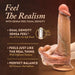 A Blush Raphael Ultra Realistic 9.5 Inch Silicone Dildo with Sliding Foreskin in Caramel is held in a hand against a dark background. Text on the image reads: "Feel The Realism with Sensa Feel® Dual Density," "Dual Density Sensa Feel® For A Firm Yet Soft Touch," "Feels Just Like The Real Thing With Different Textures," and "Perfect Balance Of Firmness And Softness. Crafted in liquid silicone.
