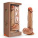 A highly realistic Raphael Ultra Realistic 9.5 Inch Silicone Dildo with Sliding Foreskin in Caramel, showcased both inside and outside its packaging. The box on the left displays the brand "Blush" and the model name "Raphael" along with its features. The caramel-toned dildo, shown on the right, exhibits detailed texture and includes a strong suction cup base.