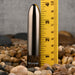 The Real Simple Rechargeable Waterproof Bullet Vibrator in Black Chrome, a metallic bullet-shaped vibrator about 4 inches tall, stands upright among pebbles next to a yellow ruler. "EVOLVED" is labeled near its base.