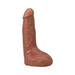 The Realistic Cock Squirting 9.5 Inch Suction Cup Dildo in Caramel, made of Ultraskyn material, is shown against a white background.
